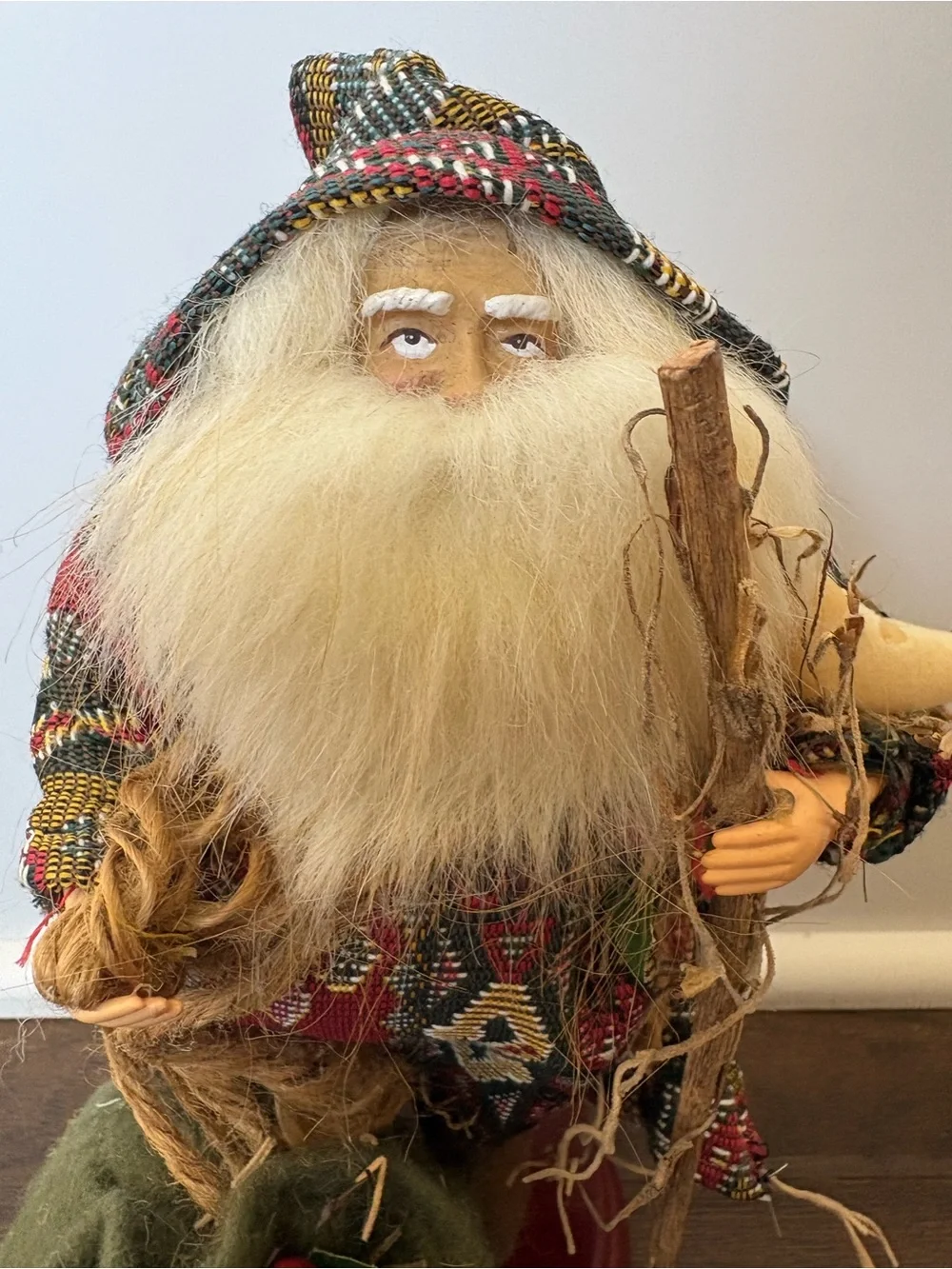 Vintage Old World Father Santa Figurine Folk Art  Tapestry Robe Staff Bird Sack